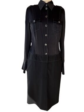 VTG ESCADA Black Contrast Stitch Military Shirt Dress EU 38 Made in Slovenia